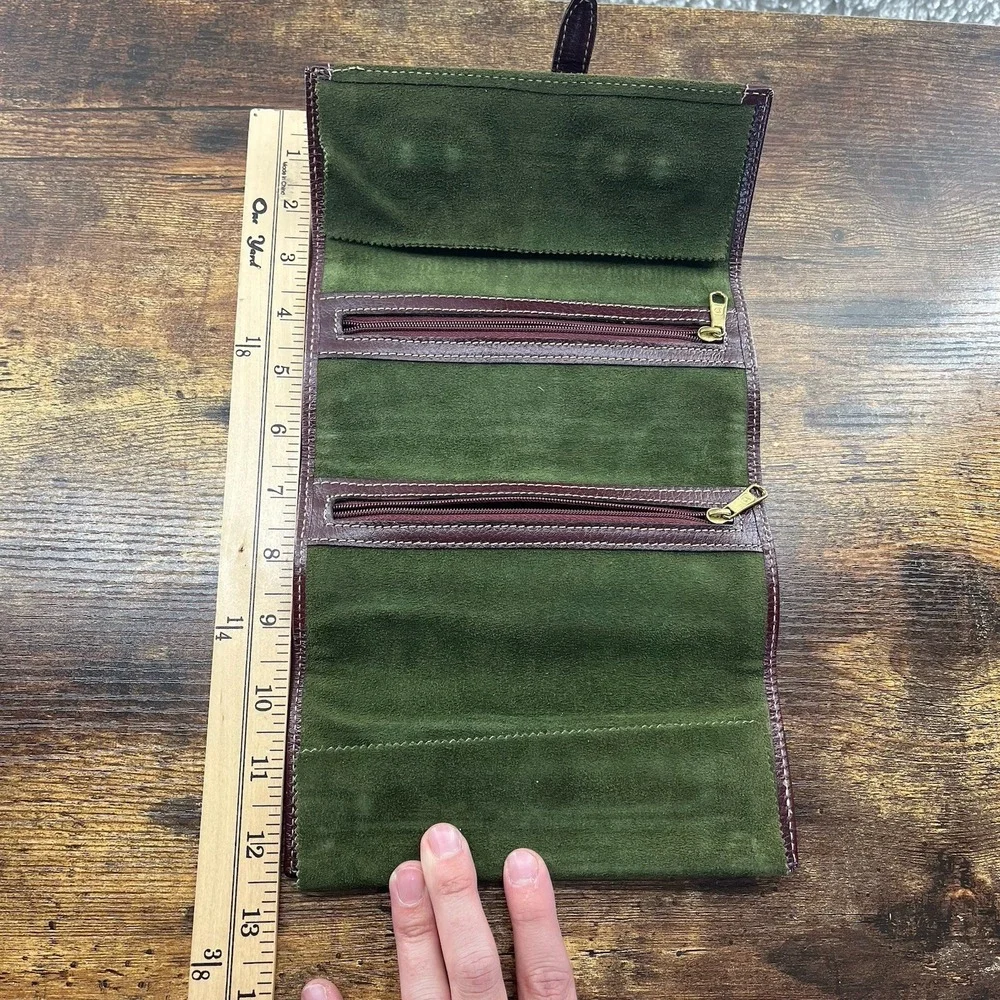 Vintage Green Suede Brown Leather Travel Jewelry Roll Case Old Money Timeless